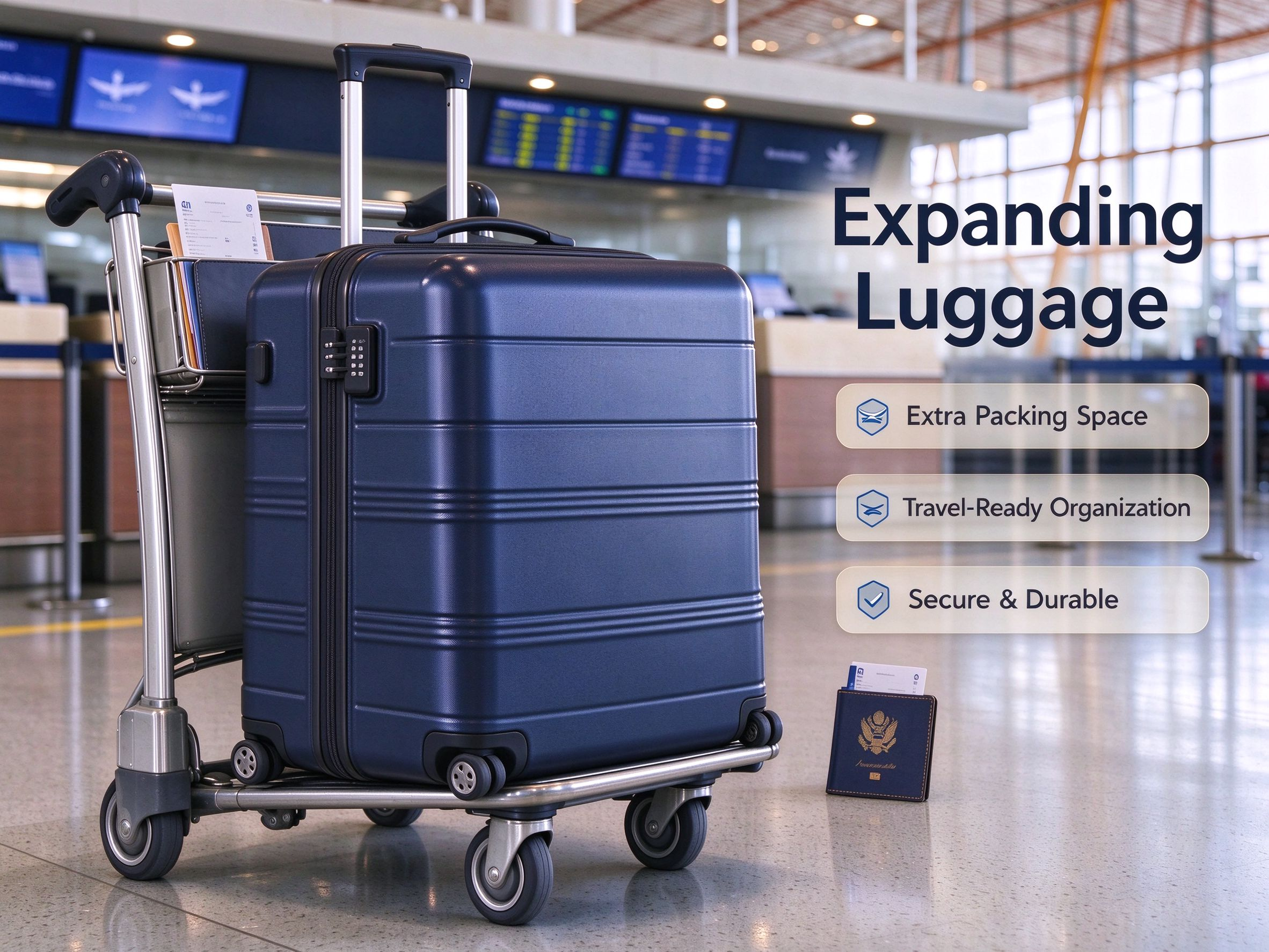 Secure and spacious expanding luggage with spinner wheels at the airport.
